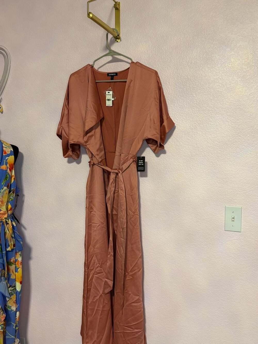 Express Maxi Dress Size S Rose Pink Satin Belted Wrap Short Sleeve